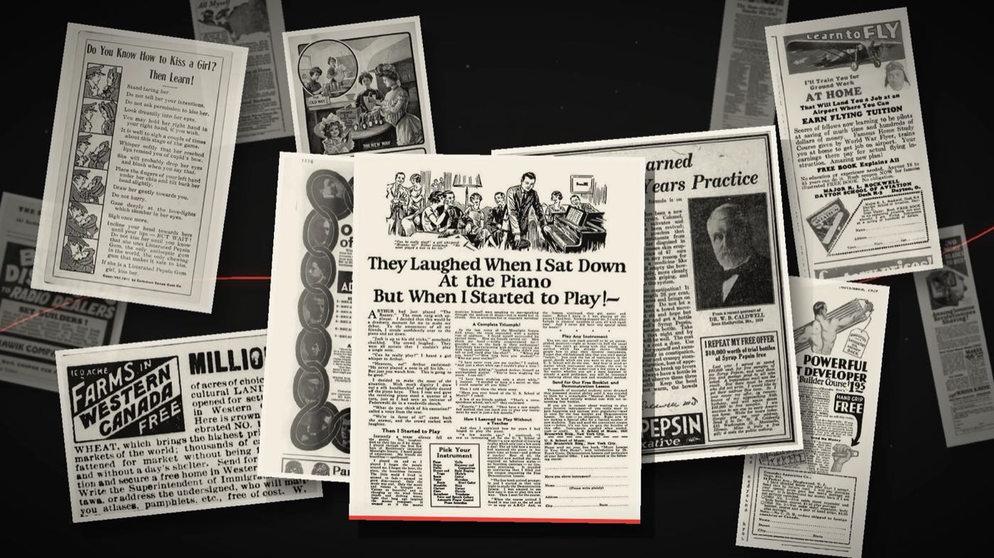 Historic direct-response advertisements arranged as a floating archive