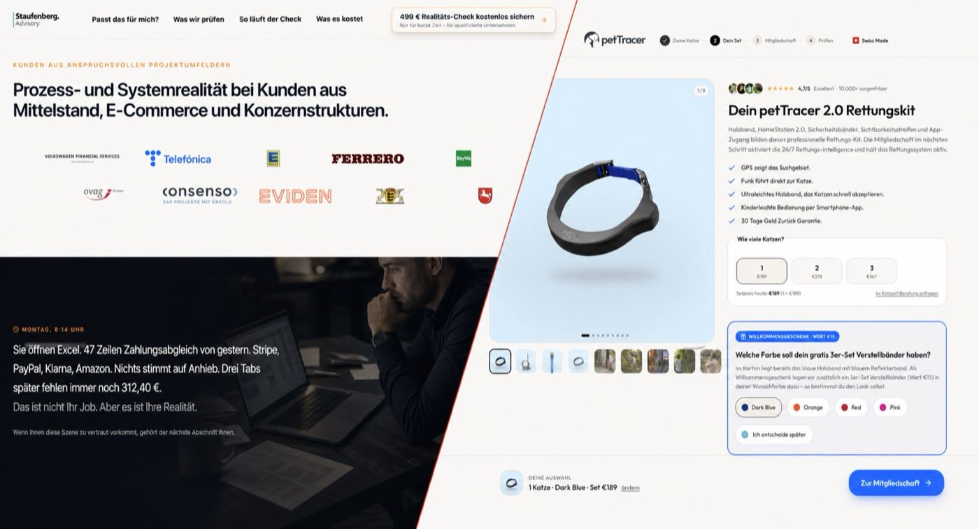 Split-screen of a B2B lead page and an ecommerce product page